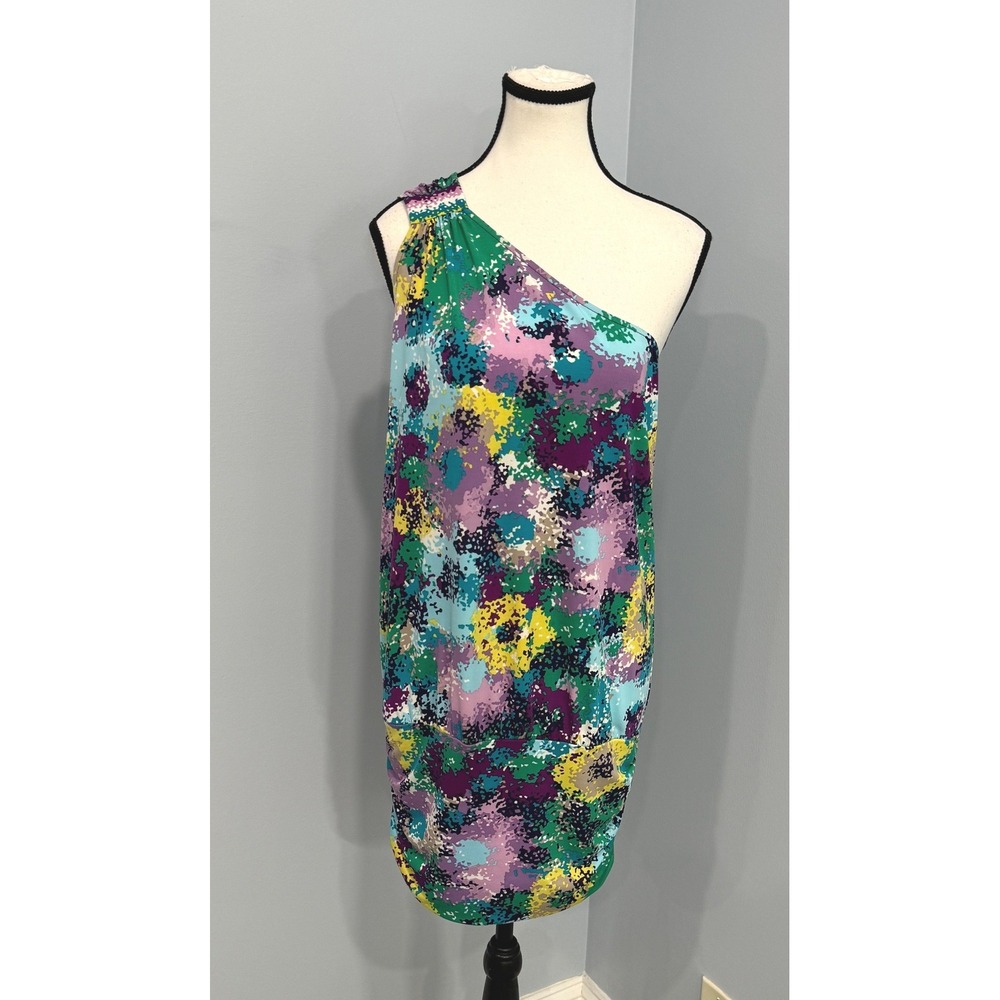 BCBGMAXAZRIA One-Shoulder Y2K Digital Print Violet Combo Mini Dress Size Small